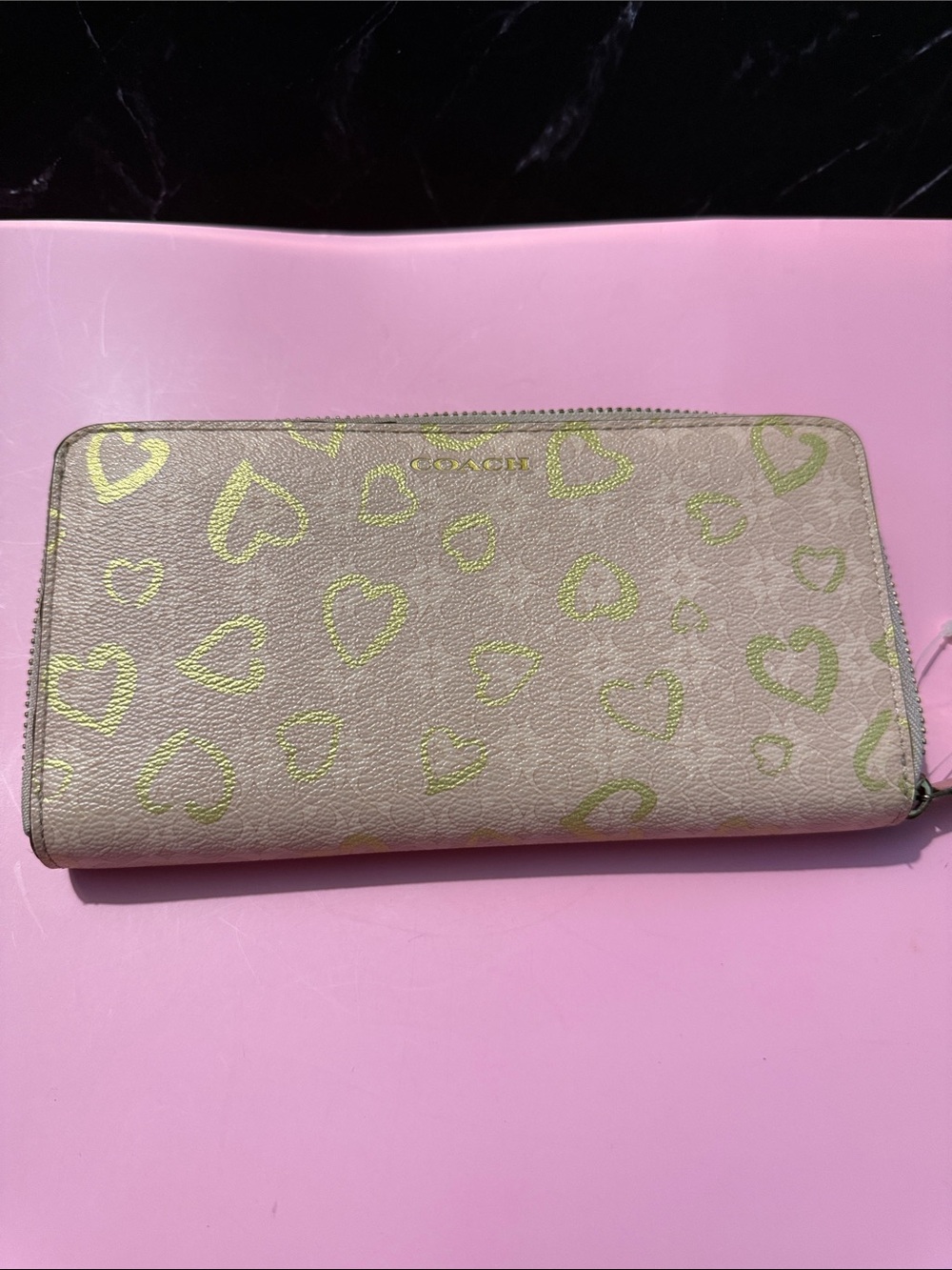 Coach Beige Wallet with Lime Heart Print